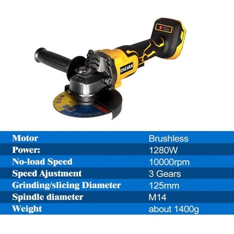 Winkelschleifer 125 Mm 1280W - Bürstenloser Akku-Winkelschleifer - Für Makita 18V - Gelb Mit 8 Zubehörteilen - ONEVAN 2 Winkelschleifer 125 Mm 1280W - Bürstenloser Akku-Winkelschleifer - Für Makita 18V - Gelb Mit 8 Zubehörteilen - ONEVAN – Bild 2