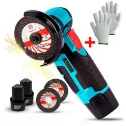 Akku-Winkelschleifer 500W 12V, 78mm Schleifscheibe, ONEVAN 19500 U/min Schleifen Metallschneiden Holz Ohne Bürste Ohne Kabel Mit 2*Akku, 2*Handschuhe