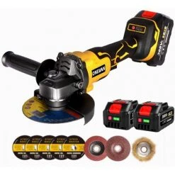 ONEVAN Winkelschleifer 125 Mm 1280W - Bürstenloser Winkelschleifer | Geeignet Für Makita 18V - Gelb - Mit 2*Batterien Und 10*Scheiben