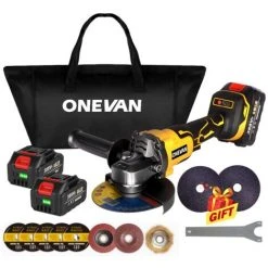 ONEVAN Winkelschleifer 125 Mm 1280W - Bürstenloser Winkelschleifer | Geeignet Für Makita 18V - Gelb - Mit 2*Batterien 1*Aufbewahrungstasche Und 10*Scheiben