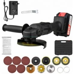 LIFCAUSAL Akkubetriebener Elektrischer Winkelschleifer Tragbare Lithium-Akku-Schleifmaschine Hand-Akku-Schleifwerkzeug Mit Li-Ion-Akku Und Ladegerät 2-Positionen-Griff Mit Disc-Ladegerät Und Tragekoffer-Kit (EU Und 1 Stück 2000-mAh-Akku)