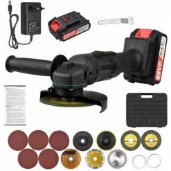 LIFCAUSAL Akkubetriebener Elektrischer Winkelschleifer Tragbare Lithium-Akku-Schleifmaschine Hand-Akku-Schleifwerkzeug Mit Li-Ion-Akku Und Ladegerät 2-Positionen-Griff Mit Disc-Ladegerät Und Tragekoffer-Kit (EU Und 2 Stück 2000-mAh-Akku)