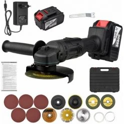 LIFCAUSAL Akkubetriebener Elektrischer Winkelschleifer Tragbare Lithium-Akku-Schleifmaschine Hand-Akku-Schleifwerkzeug Mit Li-Ion-Akku Und Ladegerät 2-Positionen-Griff Mit Disc-Ladegerät Und Tragekoffer-Kit (EU Und 2 Stück 4000-mAh-Akku)