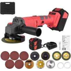 LIFCAUSAL Akku Elektrischer Winkelschleifer Werkzeug Tragbarer Schleifer Wiederaufladbarer 21 V Akku-Handheld 9000 U / Min 3-Gang-Einstellung Lithium-Ionen-Akku 2 Batterien 1 Ladung 3Z11 + 4G21 * 2 + 4E51 + 4A31